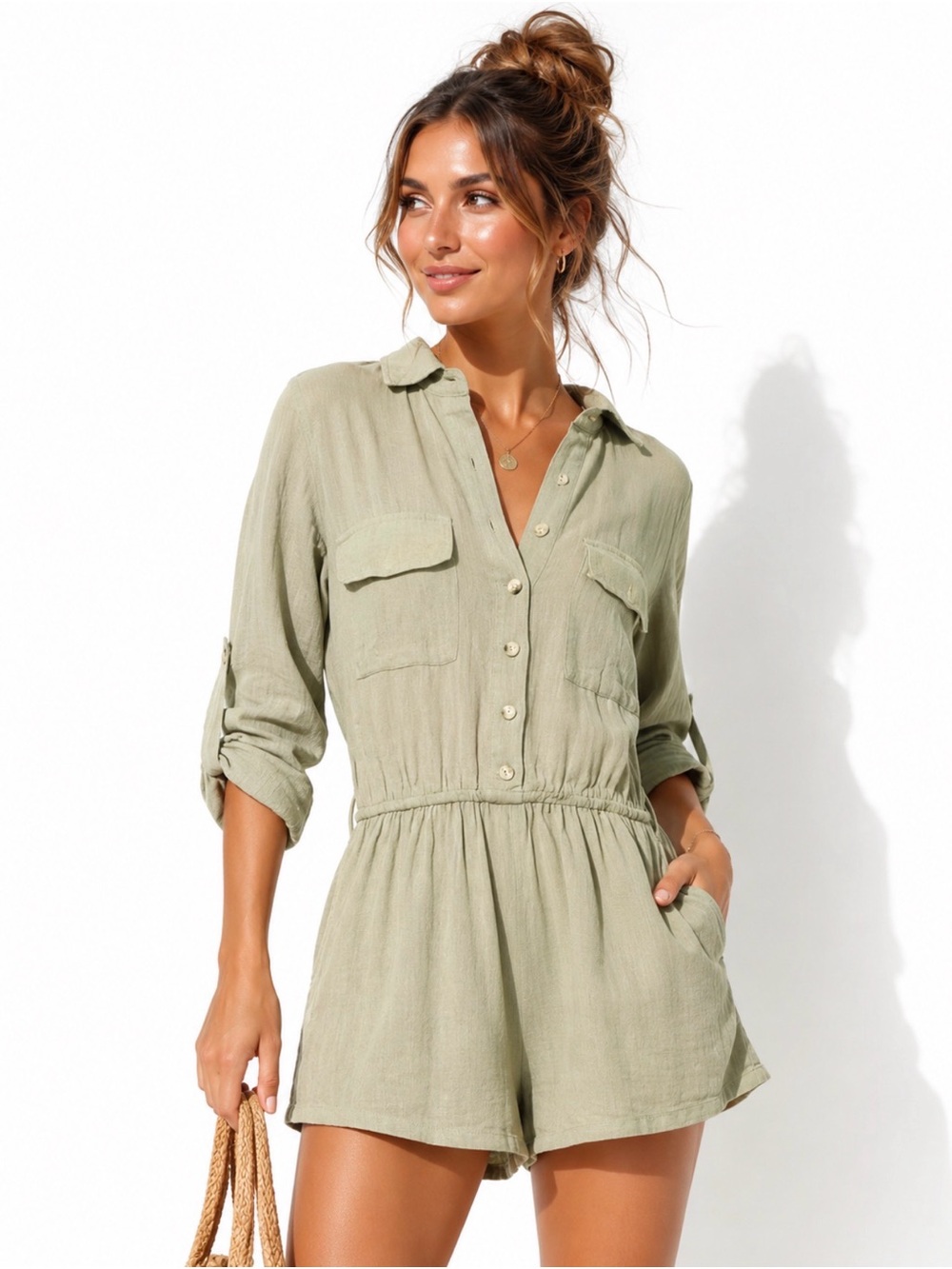 🌿 Sim & Sam Sage Linen Blend Utility Romper Size Small 🌿